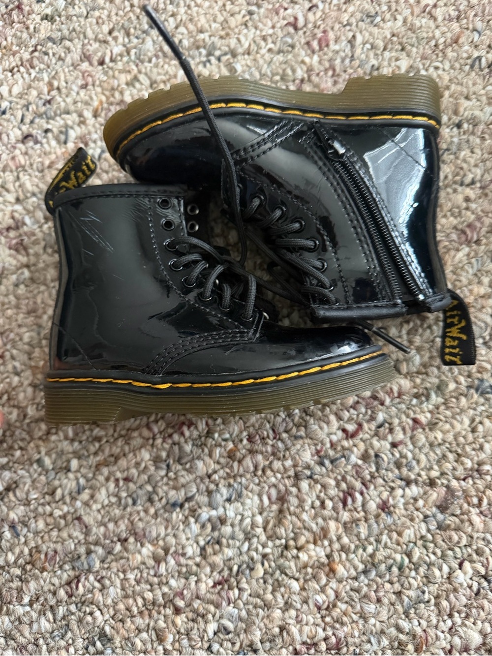 Dr. Martens Kids Black Patent Ankle Boots with Yellow Stitching